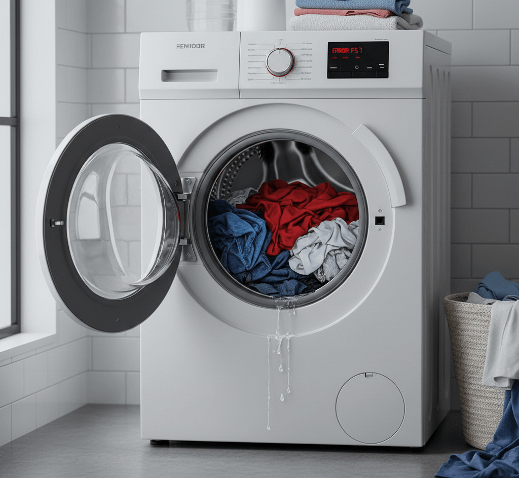 תמוננת נושא של המאמר על של מכונת כביסה לא מסתובבת המציגה מכונת כביסה לבנה עם דלת פתוחה דולפת מים ומציגה על הצג את קוד השגיאה F57 ובתוכה בגדים רטובים בצבעים כחול אדום ואפור המונחת על רצפת חדר רחצה מרוצף.
