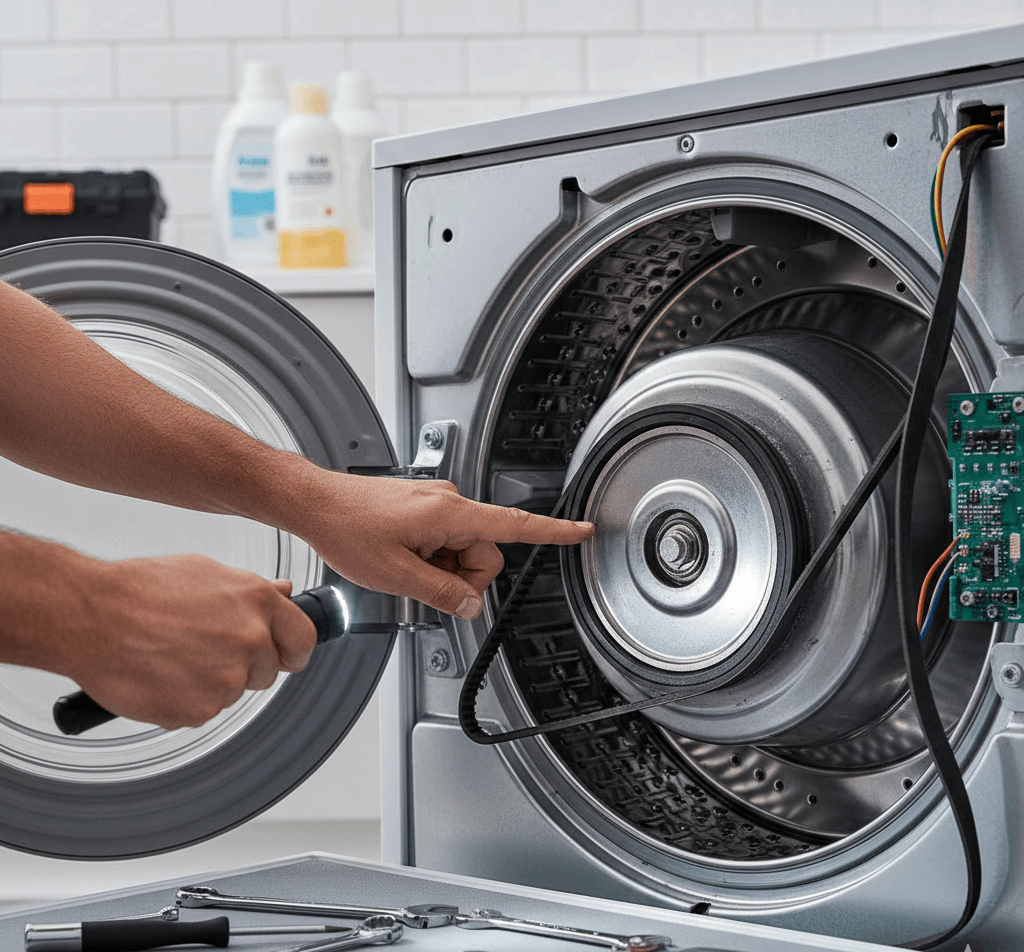תמונת נושא של המאמר תיקון תוף מכונת כביסה המציגה טכנאי מכשירי חשמל מאיר בפנס ומצביע על רצועה מנותקת ותוף פנימי של מכונת כביסה או מייבש פתוחים לצורך תיקון כשכלי עבודה פרוסים לפניו.