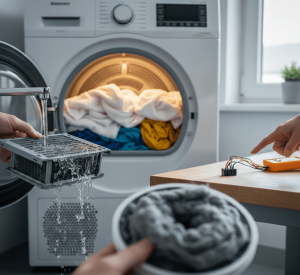 תמונת נושא של המאמר על מייבש כביסה עם קונדנסור תקלות המציגה פעולות תחזוקה של מייבש כביסה. ברקע נראה מייבש כביסה לבן ופתוח מלא בבגדים. בקדמת התמונה מצד שמאל יד מחזיקה מסנן רשת מתחת לזרם מים מהברז. מצד ימין למטה יד מחזיקה מסנן עגול מלא בסיבי בד (מוך), ומצד ימין למעלה נראית יד מצביעה על רכיב חשמלי קטן המונח על שולחן עץ.