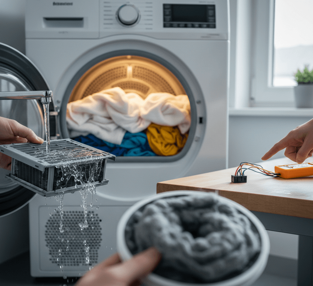 תמונת נושא של המאמר על מייבש כביסה עם קונדנסור תקלות המציגה פעולות תחזוקה של מייבש כביסה. ברקע נראה מייבש כביסה לבן ופתוח מלא בבגדים. בקדמת התמונה מצד שמאל יד מחזיקה מסנן רשת מתחת לזרם מים מהברז. מצד ימין למטה יד מחזיקה מסנן עגול מלא בסיבי בד (מוך), ומצד ימין למעלה נראית יד מצביעה על רכיב חשמלי קטן המונח על שולחן עץ.