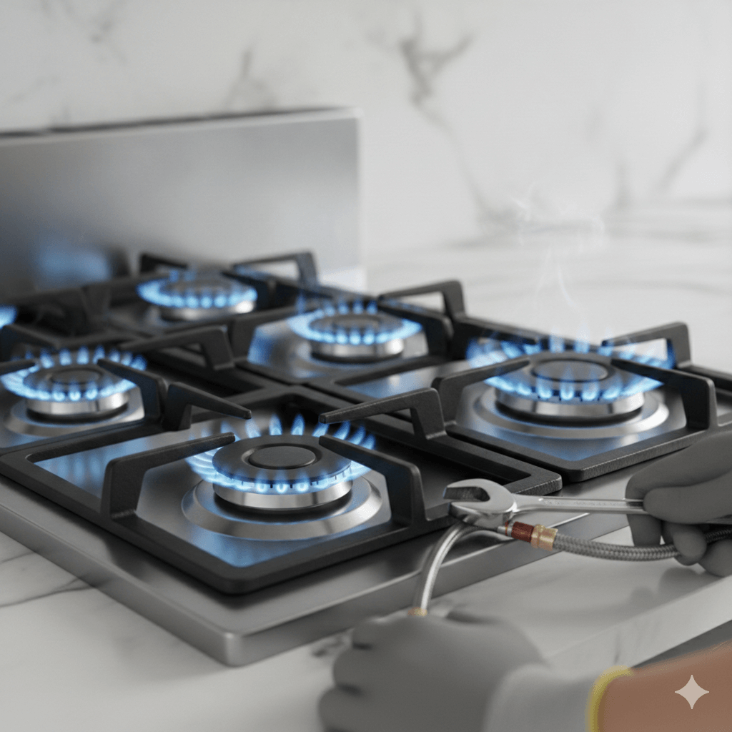 תמונת נושא של המאמר על התקנת כיריים גז המציגה כיריים גז מודרניות מנירוסטה עם ארבעה מבערים דולקים בלהבה כחולה יציבה. בחזית התמונה נראות ידיים עוטות כפפות עבודה אפורות המשתמשות במפתח ברגים כדי לחבר או להדק צינור גז גמיש אל הכיריים. הרקע כולל משטח שיש לבן וקיר תואם במראה נקי.