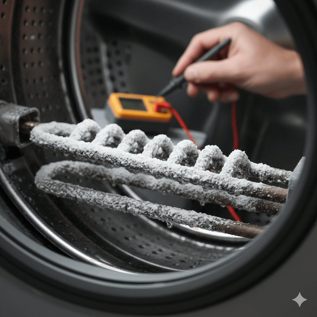 תמונת נושא של המאמר על החלפץ גוף חימום למכונת כביסה המציגה תקריב של פנים מכונת כביסה המציג גוף חימום מכוסה בשכבה עבה של אבנית לבנה. יד של טכנאי מחזיקה מכשיר מדידה דיגיטלי (מולטימטר) בצבע צהוב ובודקת את תקינות גוף החימום בעזרת גששי המדידה. התמונה צולמה מבעד לפתח התוף של המכונה.