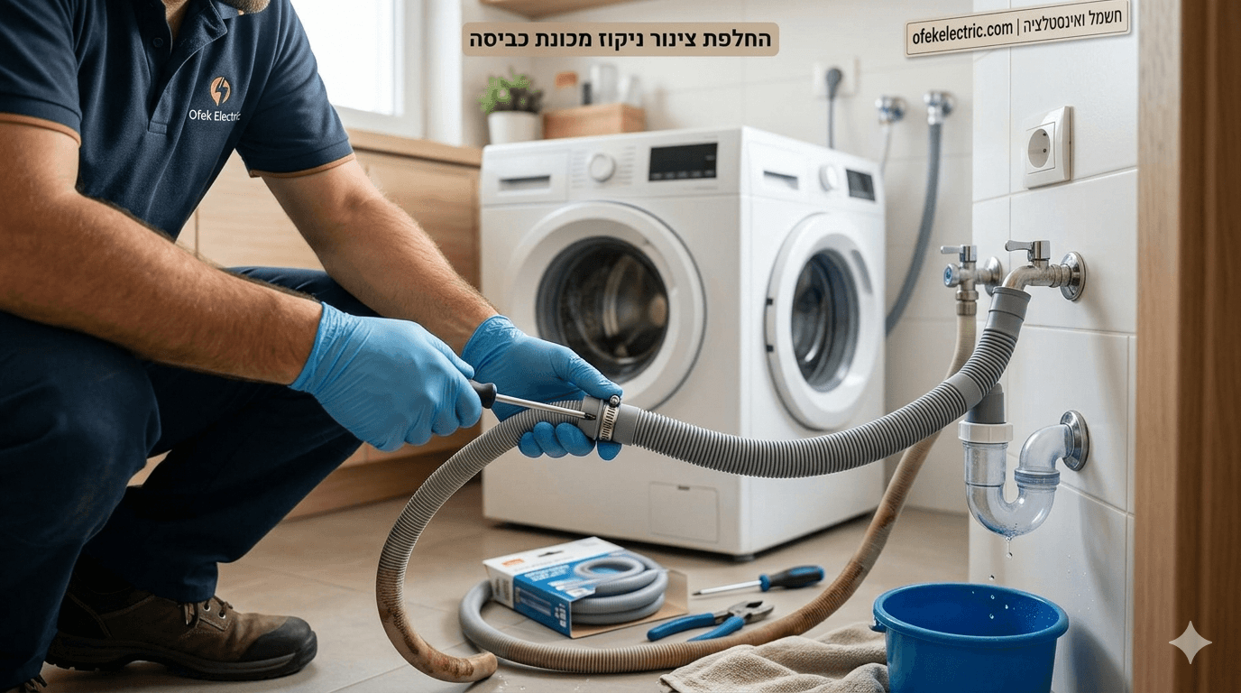 תמונת נושא של המאמר על החלפת צינור ניקוז מכונת כביסה המציגה טכנאי לבוש חולצה כחולה וכפפות מגן כורע על רצפת חדר שירות ומטפל בצינור ניקוז של מכונת כביסה לבנה המוצבת ברקע. הטכנאי משתמש במברג כדי להדק מחבר על צינור אפור וגמיש, כאשר לצדו מונחים כלי עבודה נוספים, צינור חדש באריזה ודלי כחול לאיסוף מים תחת הסיפון שבקיר. התמונה כוללת כיתוב בעברית המציין החלפת צינור ניקוז ופרטי התקשרות של חברת חשמל ואינסטלציה.